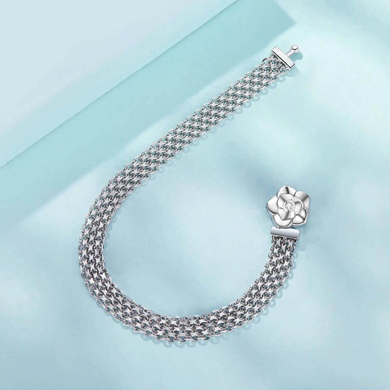 Bracelet 17.0 cm pavé CZ in 925 sterling silver platinum plated with flower clasp by Bids.com on Tampa Home & Garden Store