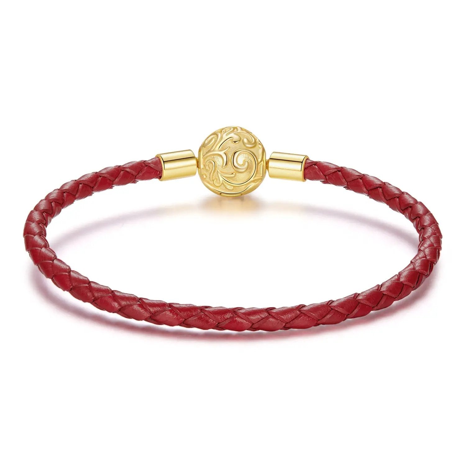 Bracelet red leather rope with gold engraved bead centerpiece and end caps, 17cm on Tampa Home & Garden Store