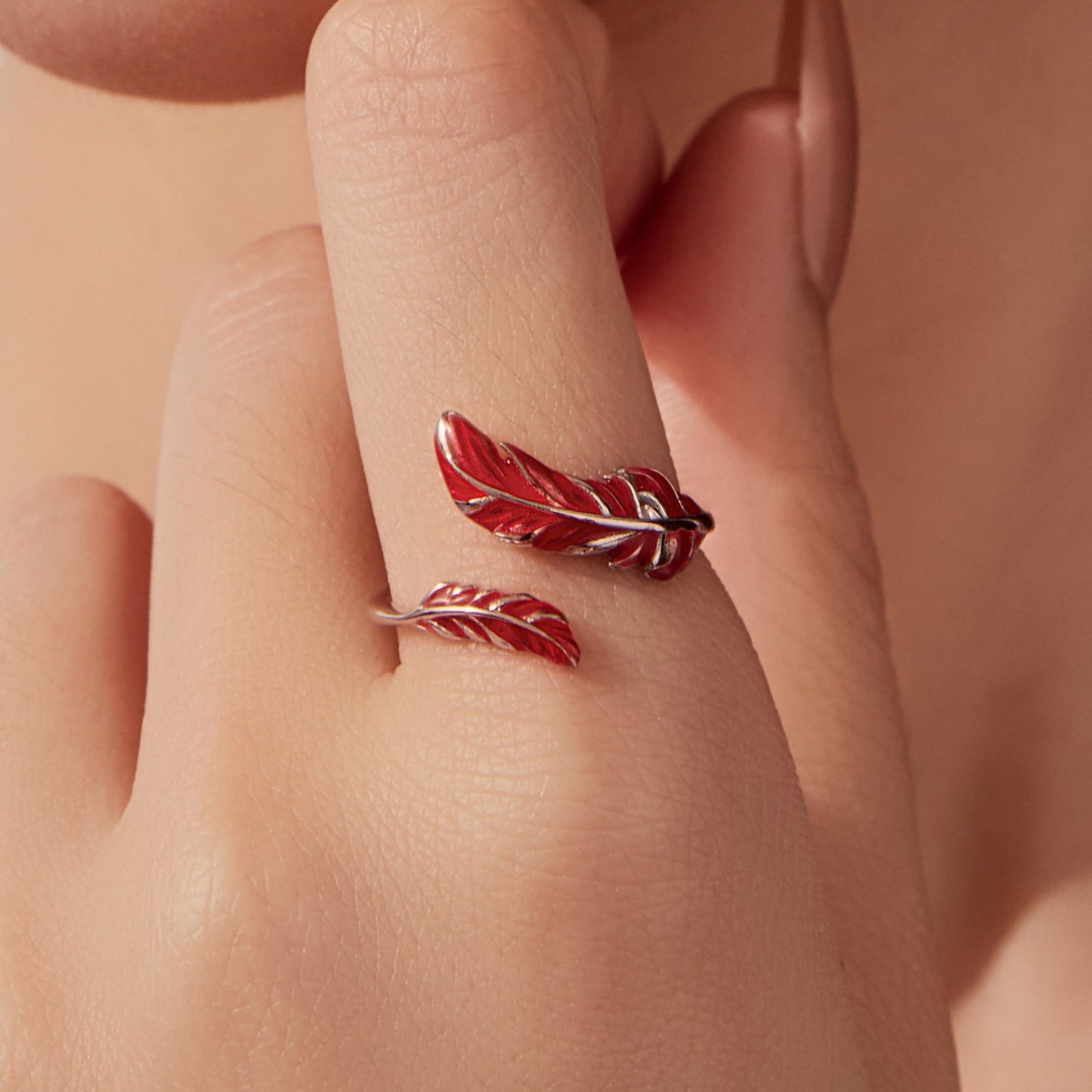 Red enamel feather ring set, 925 sterling silver with white gold plating, wrap by Bids.com on Tampa Home & Garden Store