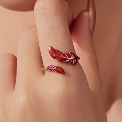 Red enamel feather ring set, 925 sterling silver with white gold plating, wrap by Bids.com on Tampa Home & Garden Store