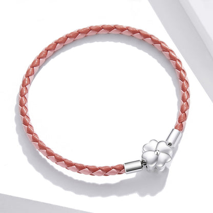 Bracelet pink braided leather with flower charm clasp 17cm, 925 sterling silver oxidized on Tampa Home & Garden Store