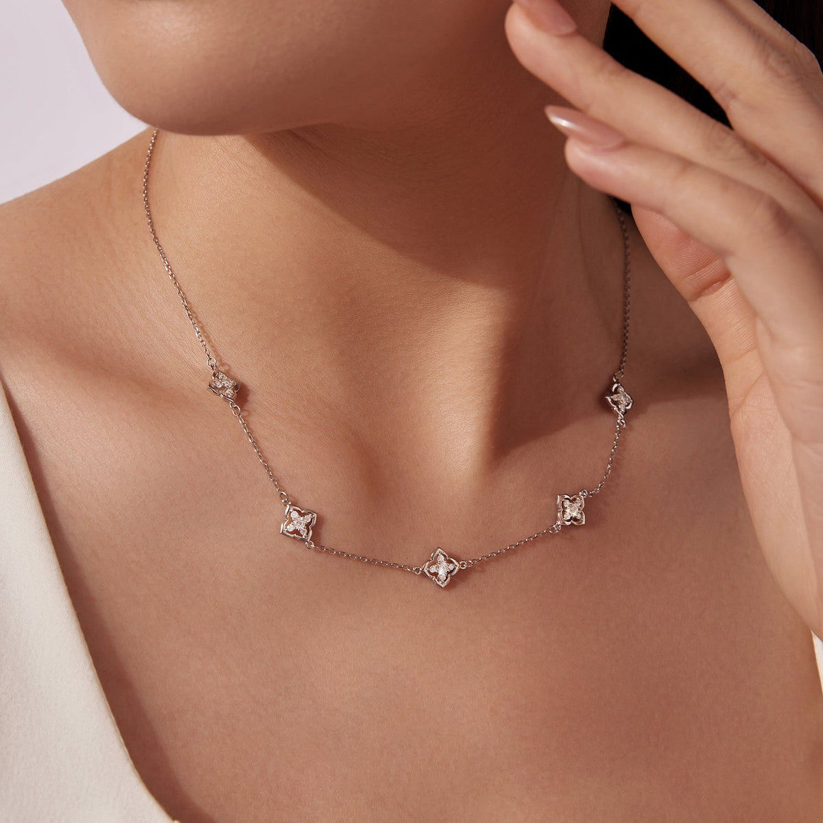 925 Sterling Silver Moissanite necklace with plated white gold, delicate chain featuring square settings, 40+5cm length by Bids.com on Tampa Home & Garden Store