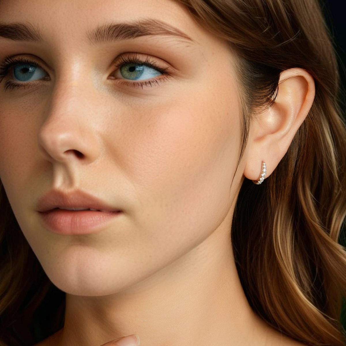 Earrings 925 sterling silver moissanite hoop worn on a woman's ear close-up on Tampa Home & Garden Store