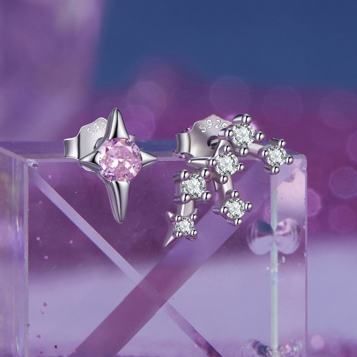 925 Sterling silver white gold plated star pink gemstone and diamond constellation earrings on Tampa Home & Garden Store