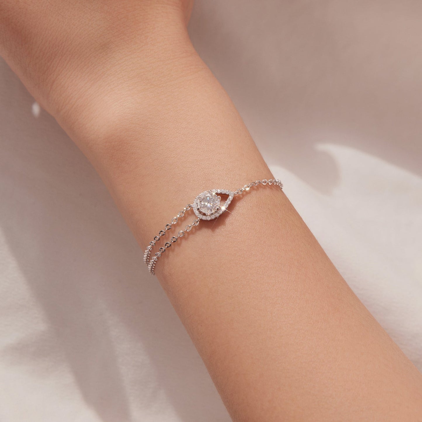 Bracelet 925 sterling silver moissanite with pavé halo and twin chains teardrop centerpiece on Tampa Home & Garden Store