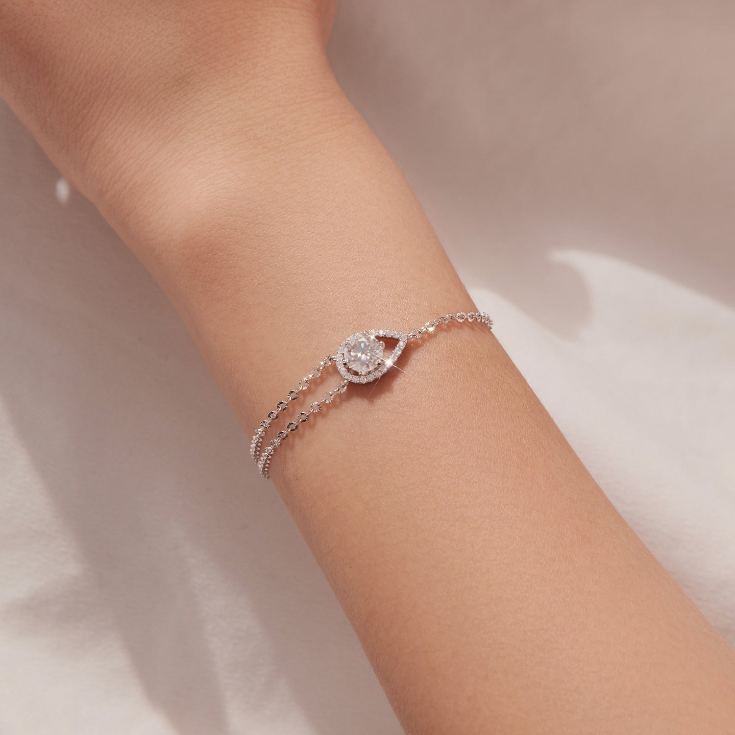 Bracelet 925 sterling silver moissanite with pavé halo and twin chains teardrop centerpiece on Tampa Home & Garden Store