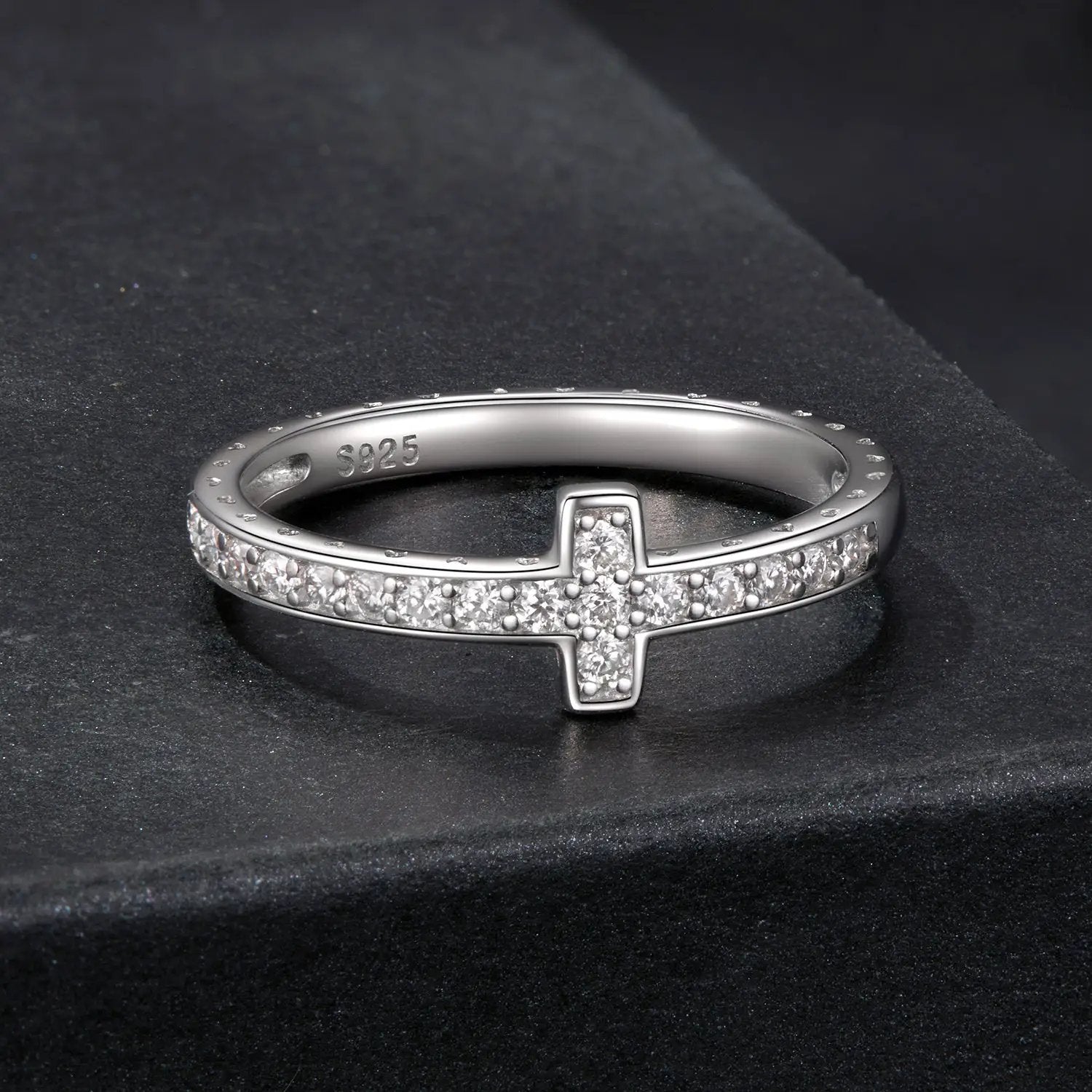 925 sterling silver moissanite ring size 6 with pavé-set stones along band and cross centerpiece on Tampa Home & Garden Store