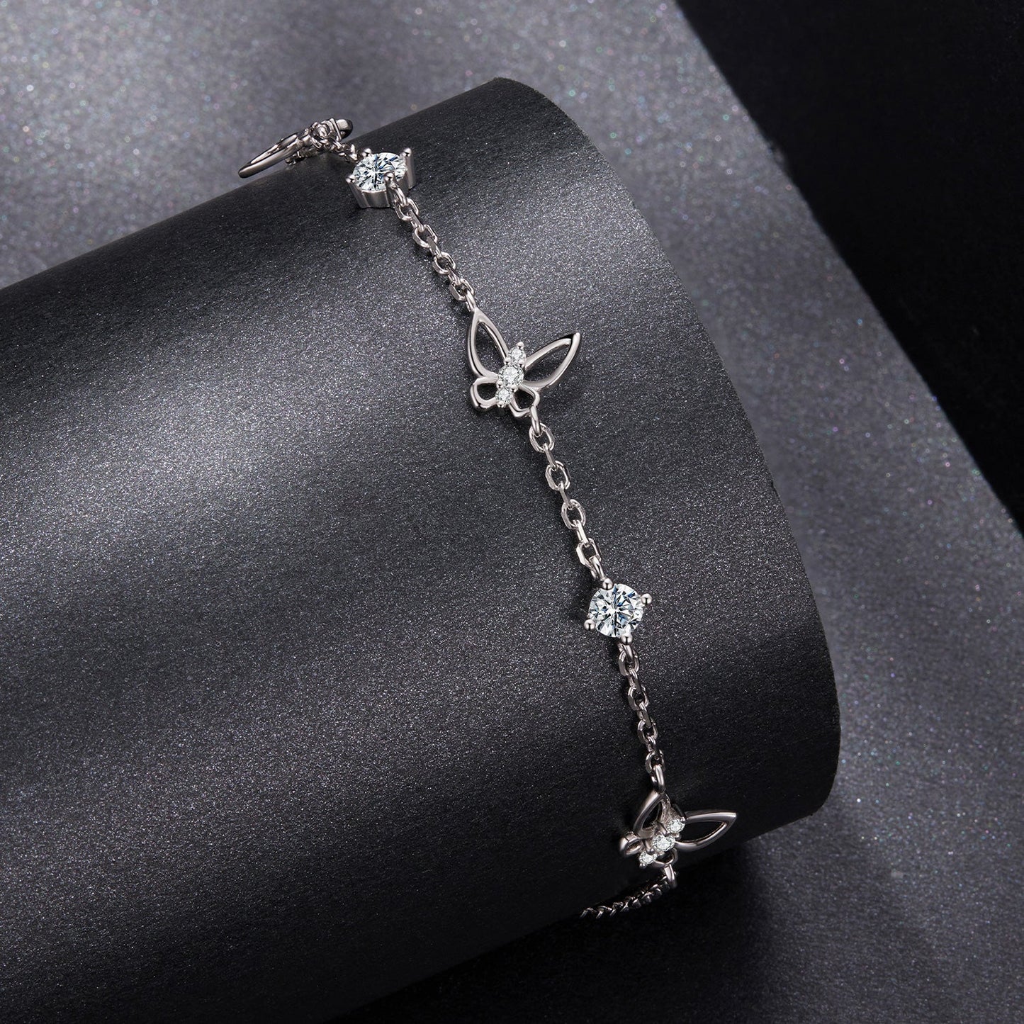 Bracelet 925 sterling silver with white gold plating, moissanite, butterfly charms, 15+6cm on Tampa Home & Garden Store