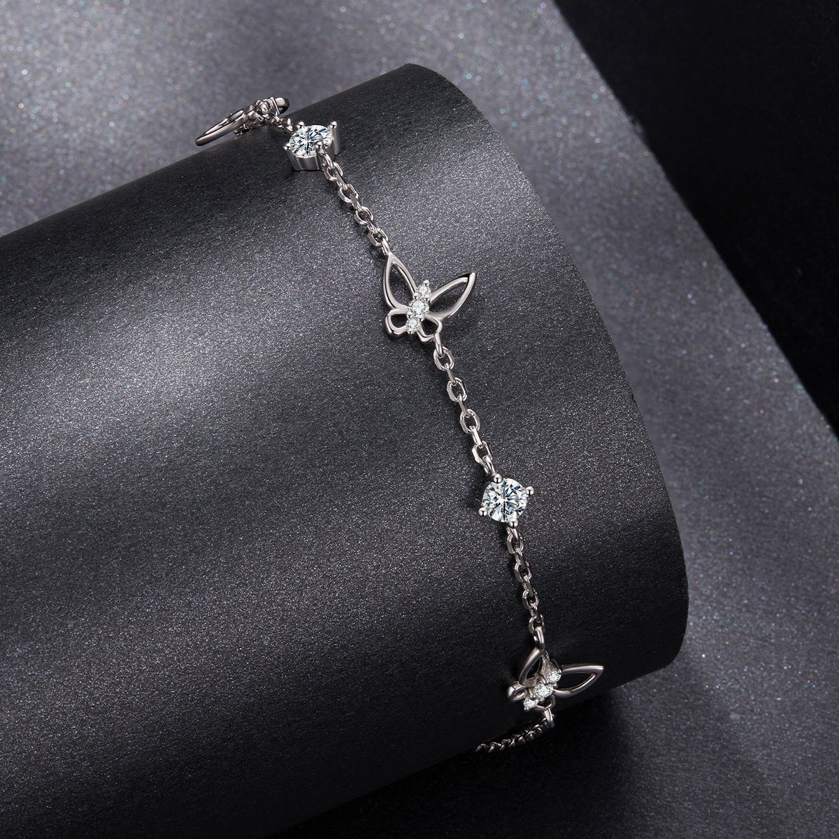 Bracelet 925 sterling silver with white gold plating, moissanite, butterfly charms, 15+6cm on Tampa Home & Garden Store