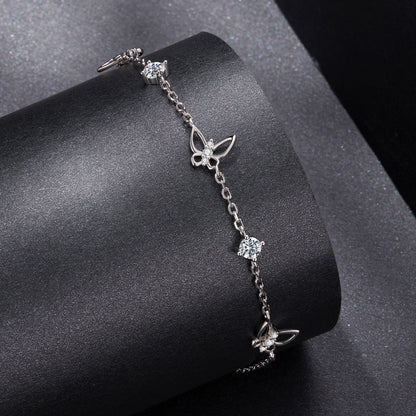 Bracelet 925 sterling silver with white gold plating, moissanite, butterfly charms, 15+6cm on Tampa Home & Garden Store