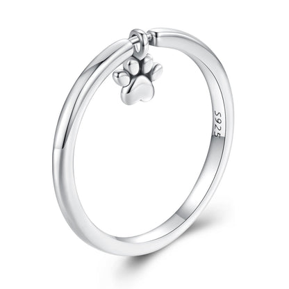 Paw print sterling silver ring with a small hanging charm, women's size 6 on Tampa Home & Garden Store