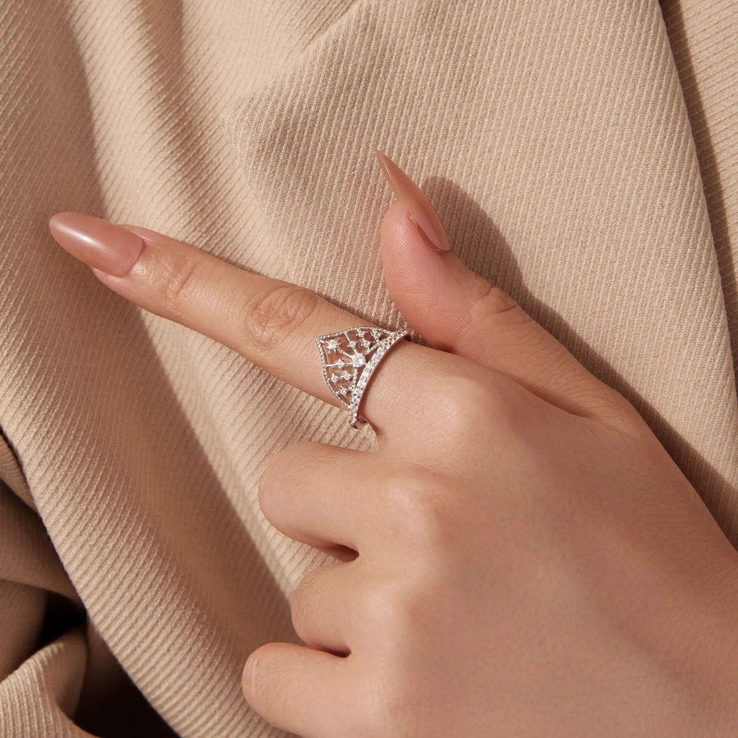 Ring 925 Sterling Silver White Gold Plated with pavé CZ, triangular lattice band, size 6 for women on Tampa Home & Garden Store