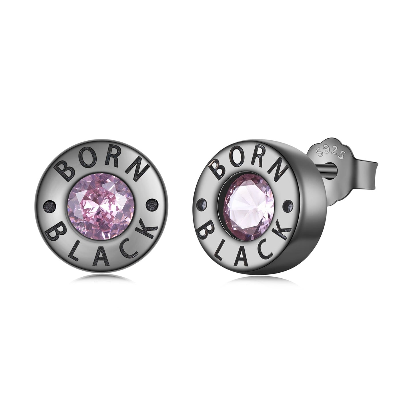 Pair of 925 sterling silver earrings with black plating and pink CZ, bezel studs BORN BLACK on Tampa Home & Garden Store