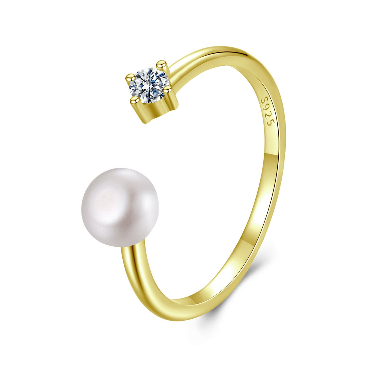 925 Sterling Silver Moissanite Shell Pearl Ring size E, gold-tone open band with pearl end on Tampa Home & Garden Store