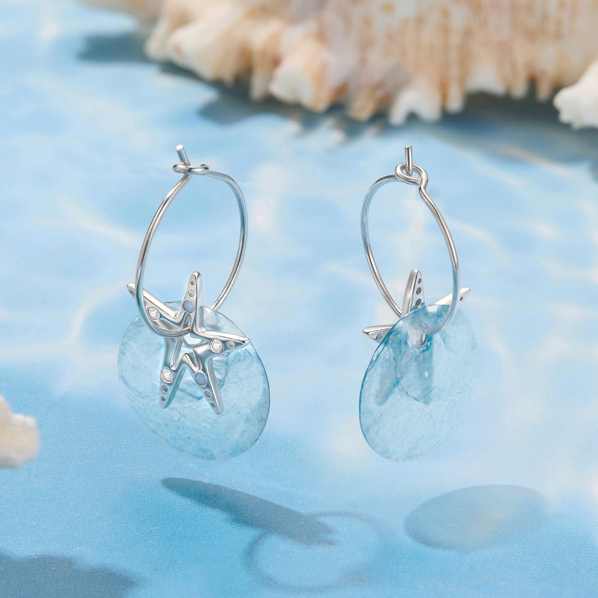 Sterling Silver Earrings hoop style with blue opal discs and CZ starfish charms, white gold plated, 2.8cm for women on Tampa Home & Garden Store