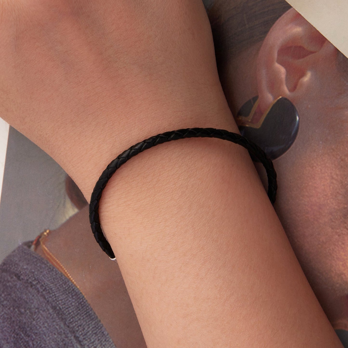 Men's black braided leather rope bracelet, minimalist style on Tampa Home & Garden Store