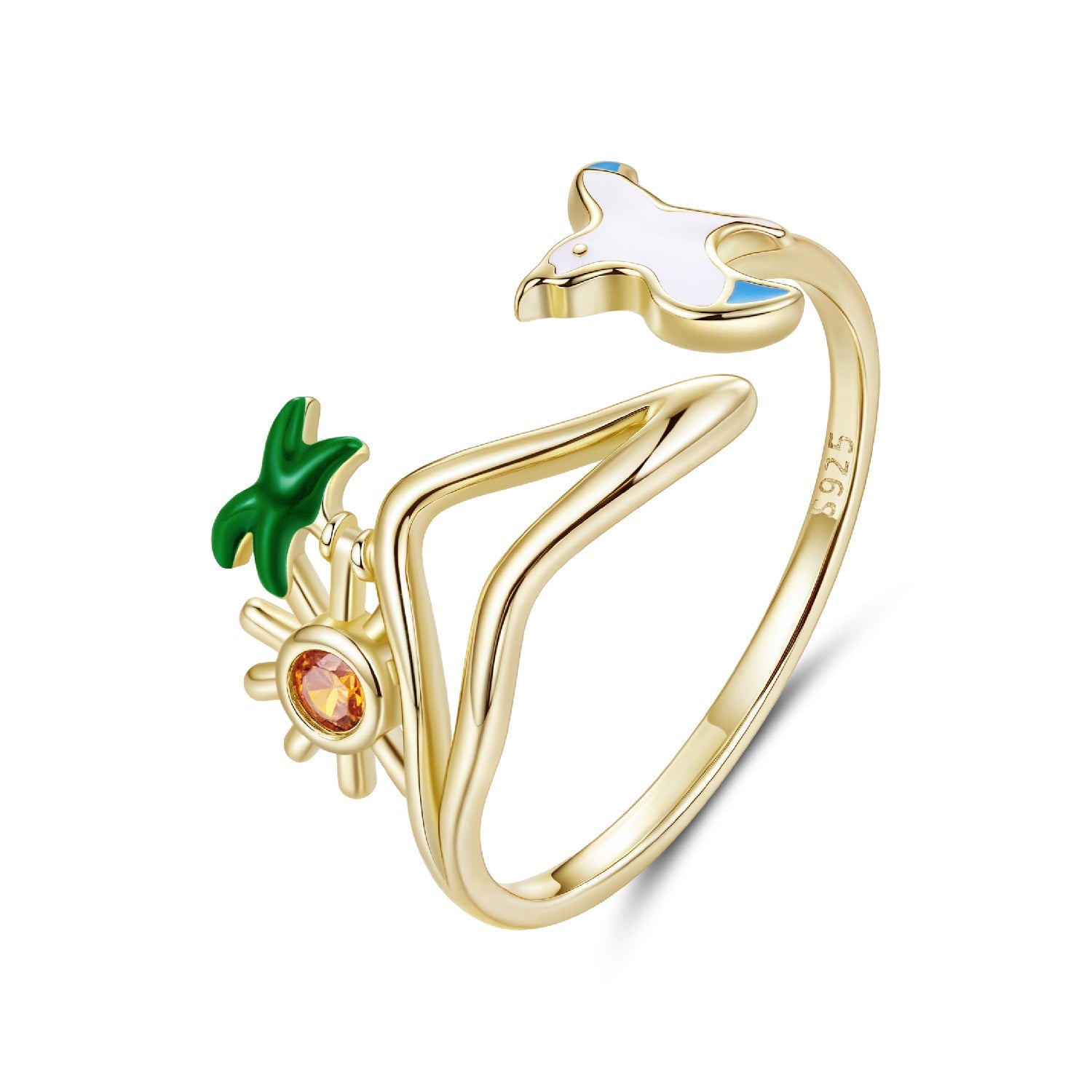 Ring gold plated with unicorn head enamel, green clover, and orange CZ charm by Bids.com on Tampa Home & Garden Store