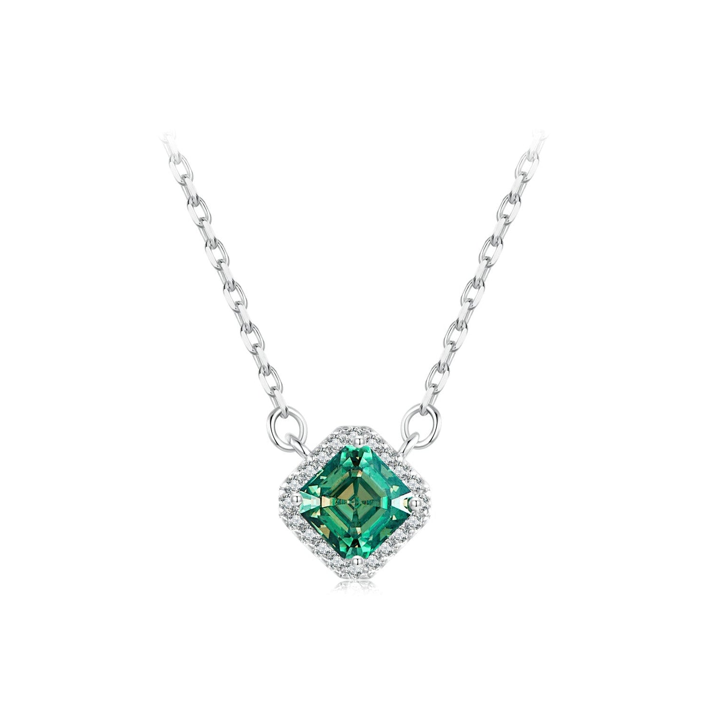 925 Sterling Silver moissanite pendant necklace with emerald-cut green center and diamond halo on Tampa Home & Garden Store