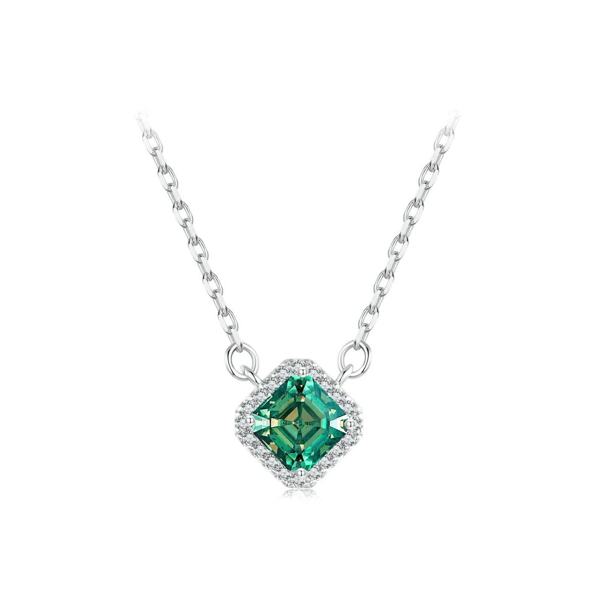 925 Sterling Silver moissanite pendant necklace with emerald-cut green center and diamond halo on Tampa Home & Garden Store