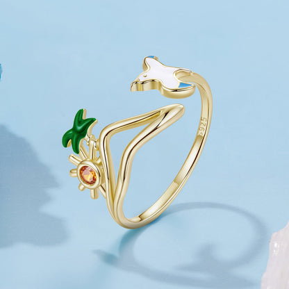 Ring gold plated 925 silver with enamel horse head, green leaf, pink CZ gem on Tampa Home & Garden Store