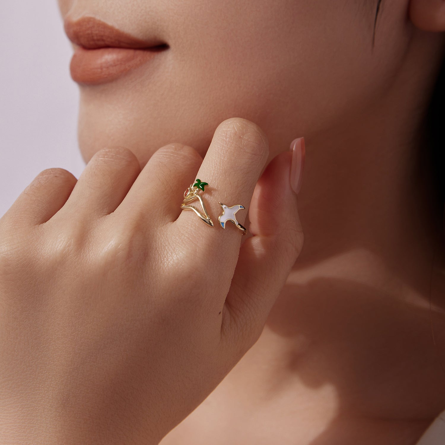 Ring 925 Sterling Silver Enamel Pavé CZ, gold plated with green leaf and white bird accents on Tampa Home & Garden Store