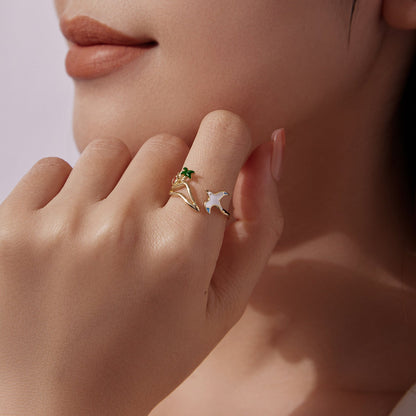 Ring 925 Sterling Silver Enamel Pavé CZ, gold plated with green leaf and white bird accents on Tampa Home & Garden Store