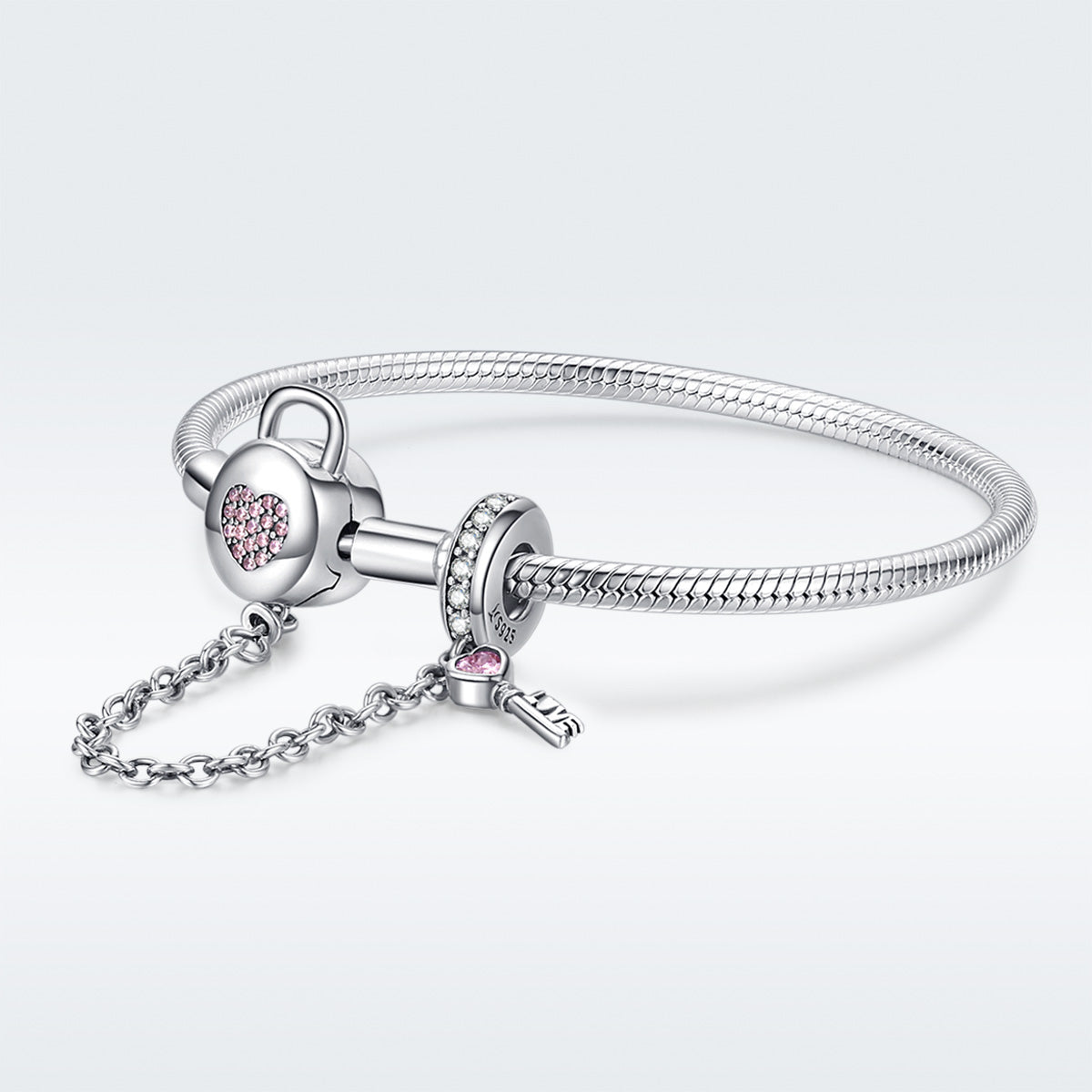 Bracelet 925 sterling silver 17cm for women by Bids.com with pink heart and key charms on Tampa Home & Garden Store