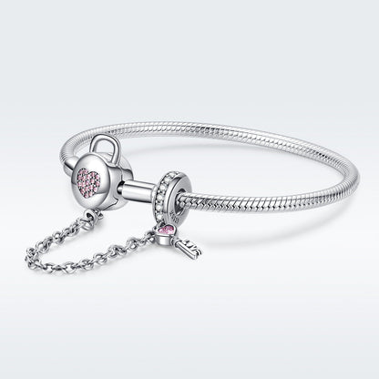 Bracelet 925 sterling silver 17cm for women by Bids.com with pink heart and key charms on Tampa Home & Garden Store