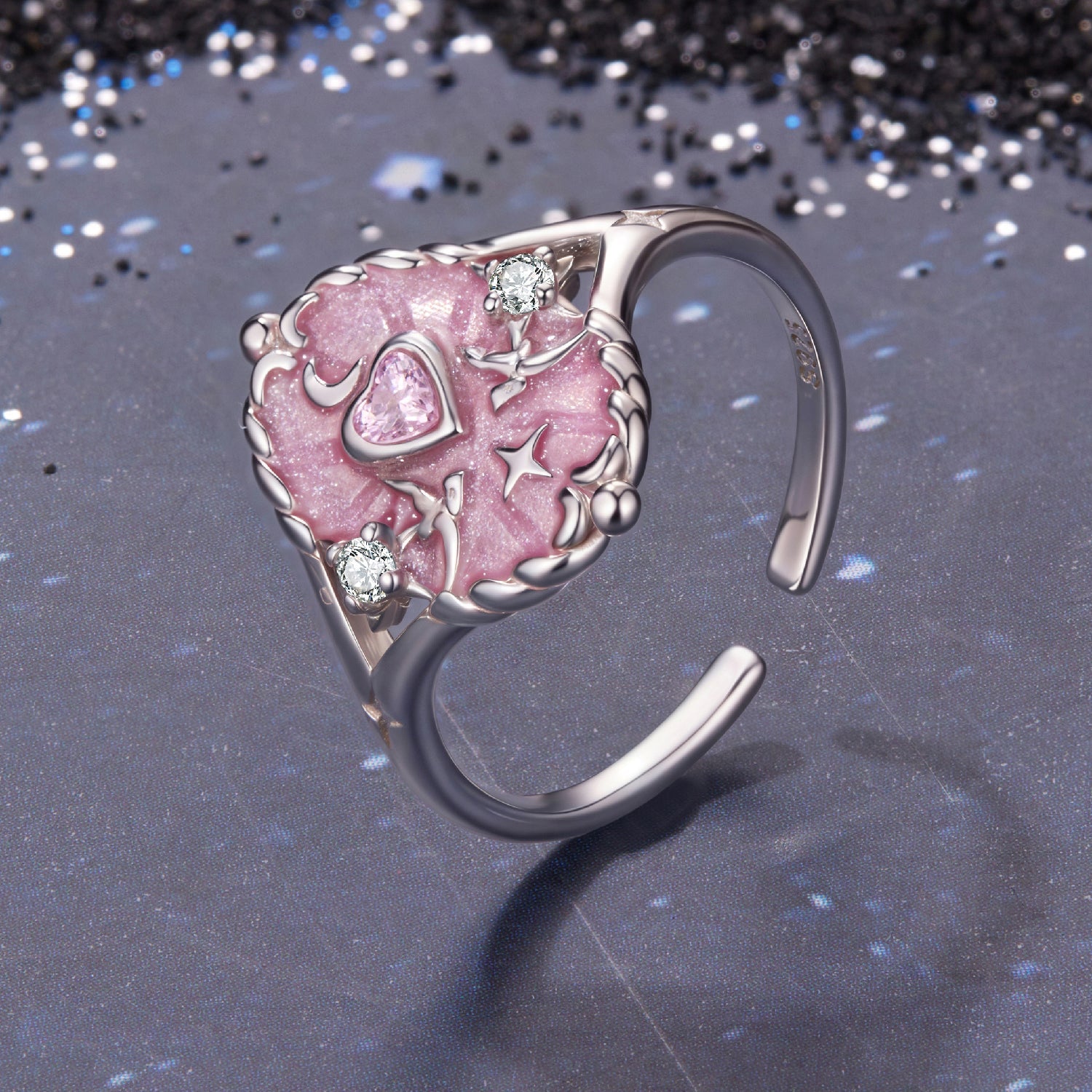 Sterling silver ring with pink enamel heart centerpiece and CZ stones on band on Tampa Home & Garden Store
