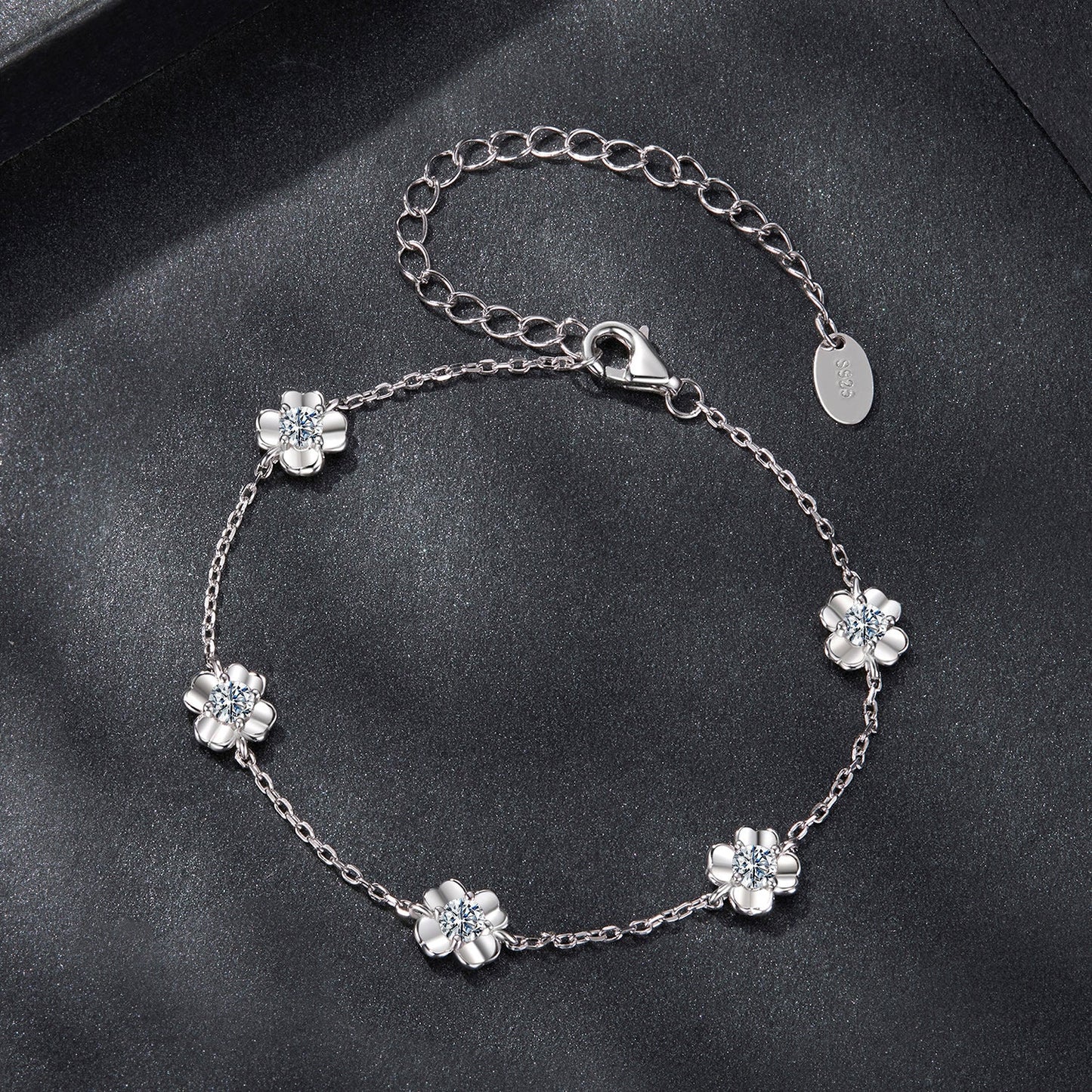 925 Sterling Silver Moissanite Bracelet with flower charms, 0.1ct, S925 tag by Bids.com on Tampa Home & Garden Store