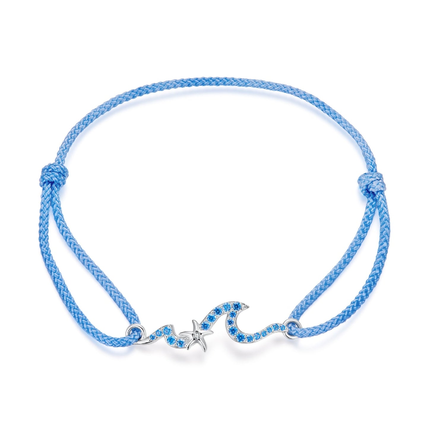 Bracelet blue braided cord with 925 sterling silver CZ starfish and wave pendants adjustable on Tampa Home & Garden Store