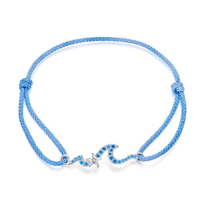 Bracelet blue braided cord with 925 sterling silver CZ starfish and wave pendants adjustable on Tampa Home & Garden Store