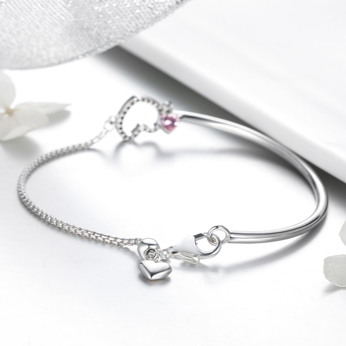 Bracelet 925 Sterling Silver 19cm Women by Bids.com with heart charms and pink gemstone accents on Tampa Home & Garden Store