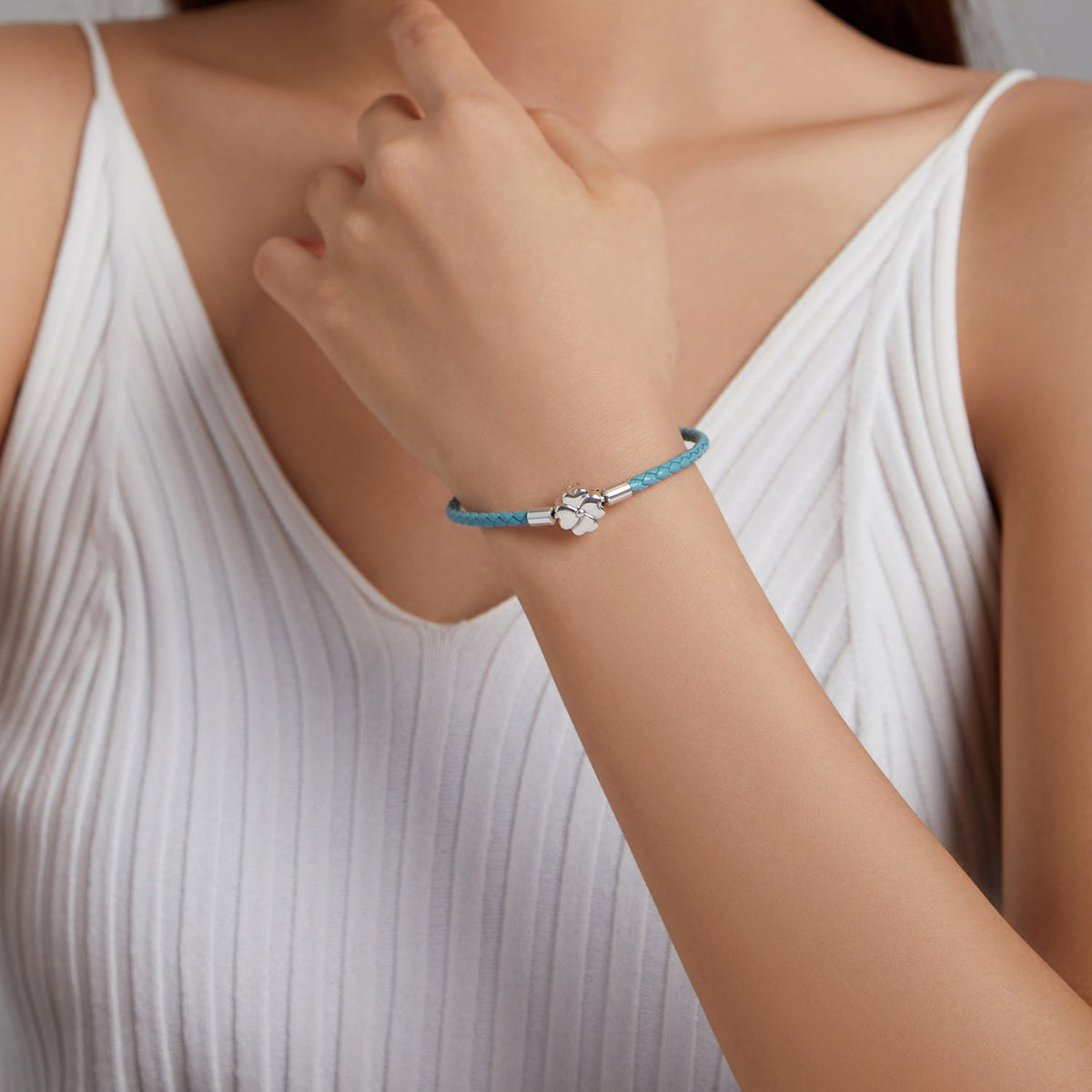 Bracelet 925 Sterling Silver and turquoise braided leather with clover charm 17cm by Bids.com on Tampa Home & Garden Store