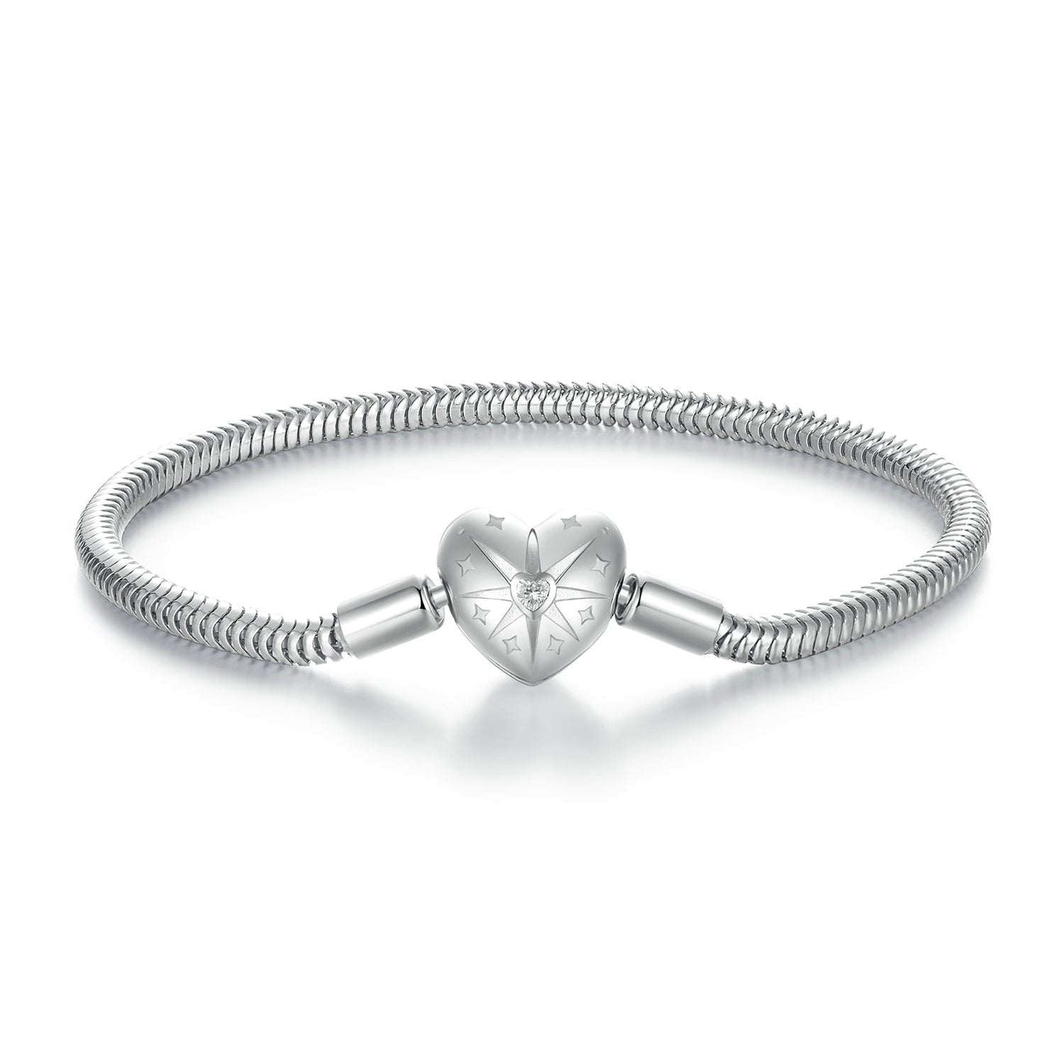 Sterling silver bracelet with heart charm, pavé setting and star engravings, 17.0 cm, Bids.com on Tampa Home & Garden Store