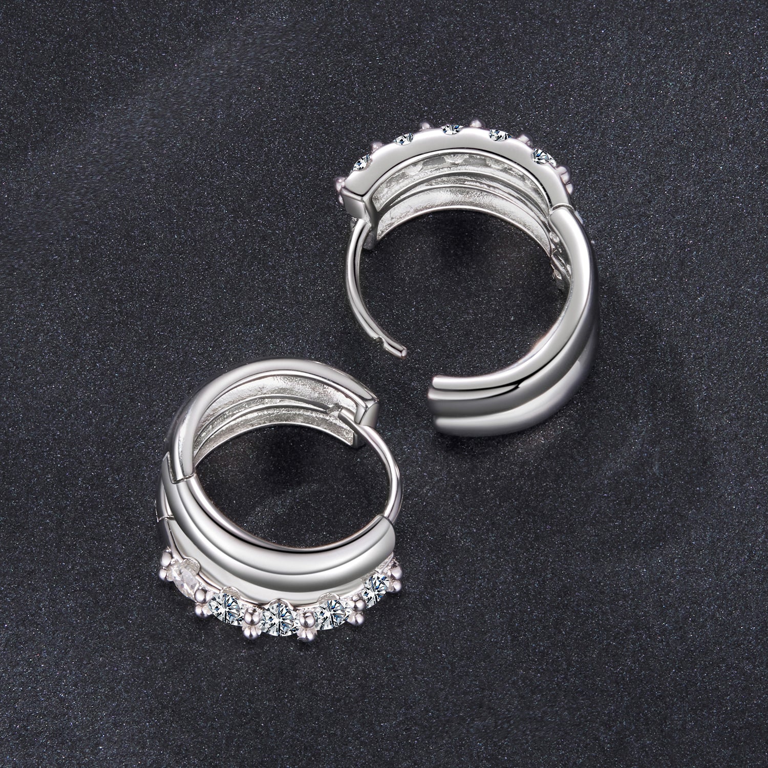 Hoop earrings in 925 sterling silver with white gold plating, moissanite stones along bottom on Tampa Home & Garden Store