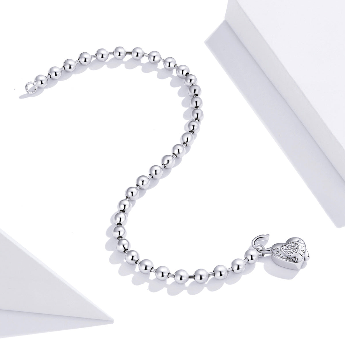 Bracelet sterling silver bead chain with pavé CZ stones and a heart charm, platinum plated, 17cm on Tampa Home & Garden Store