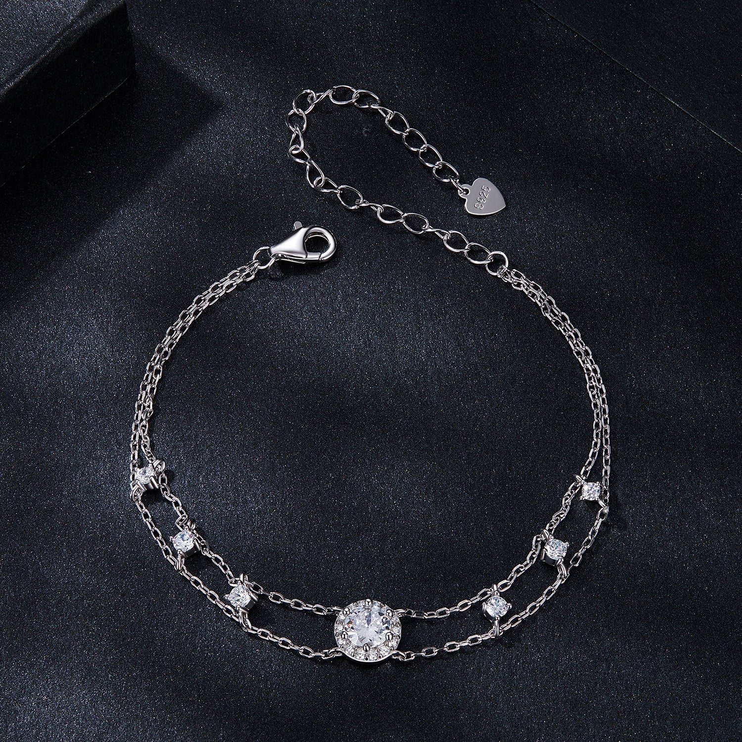 Bracelet 925 Sterling Silver moissanite centerpiece with CZ accents, double chain on Tampa Home & Garden Store