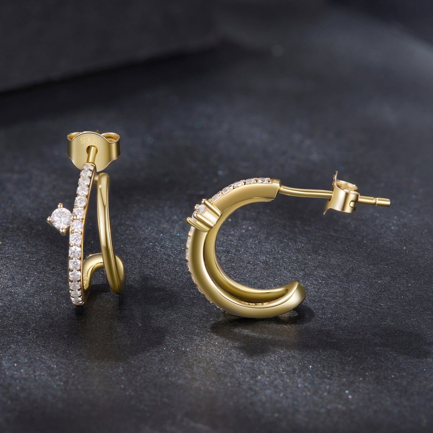 Gold-tone pavé hoop earrings for women with dangling moissanite accents, pair on Tampa Home & Garden Store