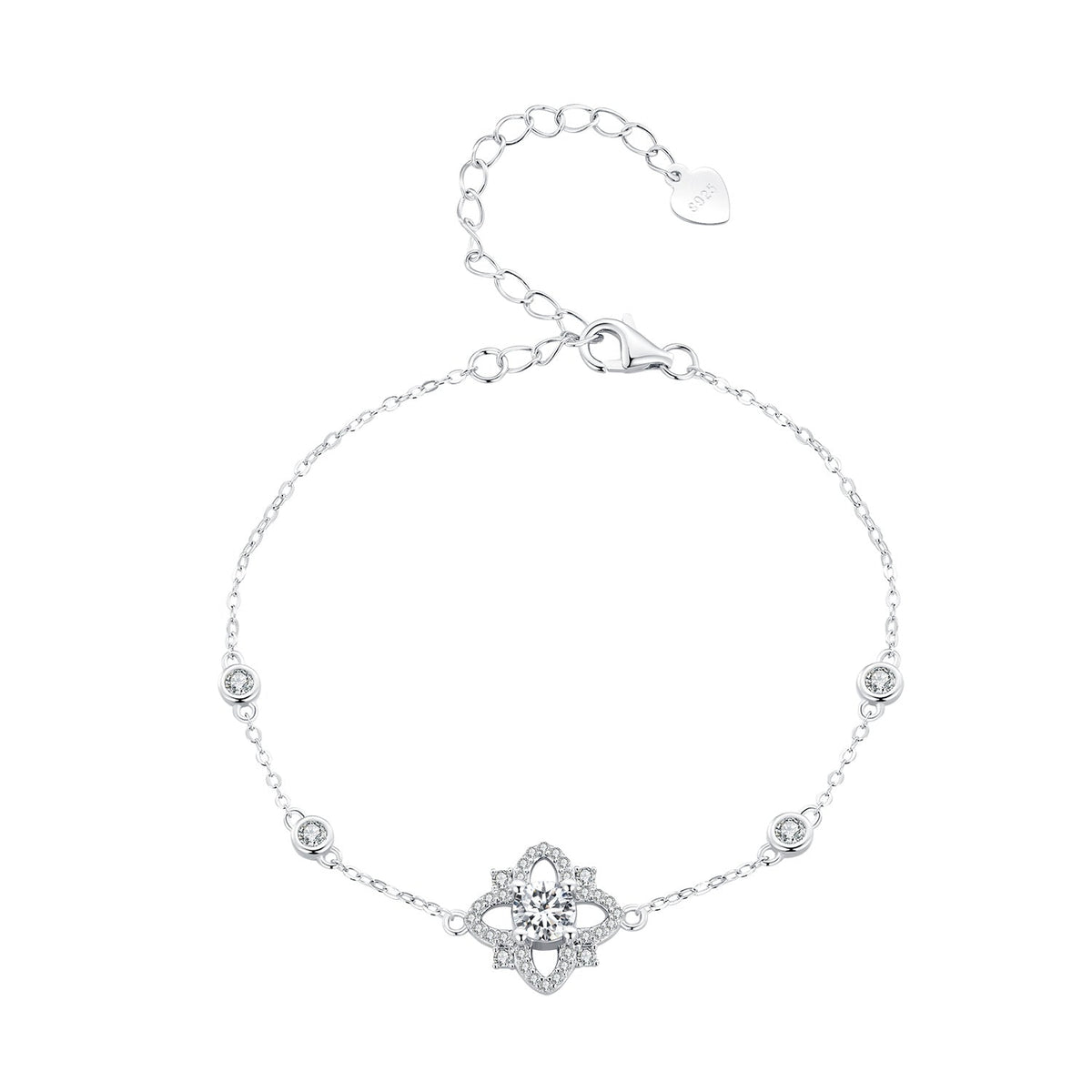 S925 sterling silver 0.5ct moissanite bracelet 16cm+5cm, floral centerpiece, extender chain on Tampa Home & Garden Store
