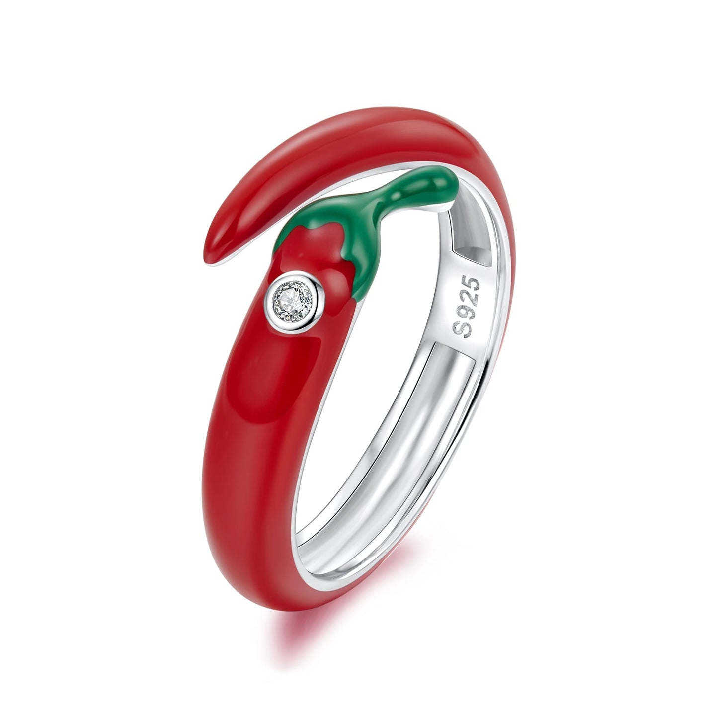 Ring 925 sterling silver red enamel with green stem and white CZ pavé setting on Tampa Home & Garden Store