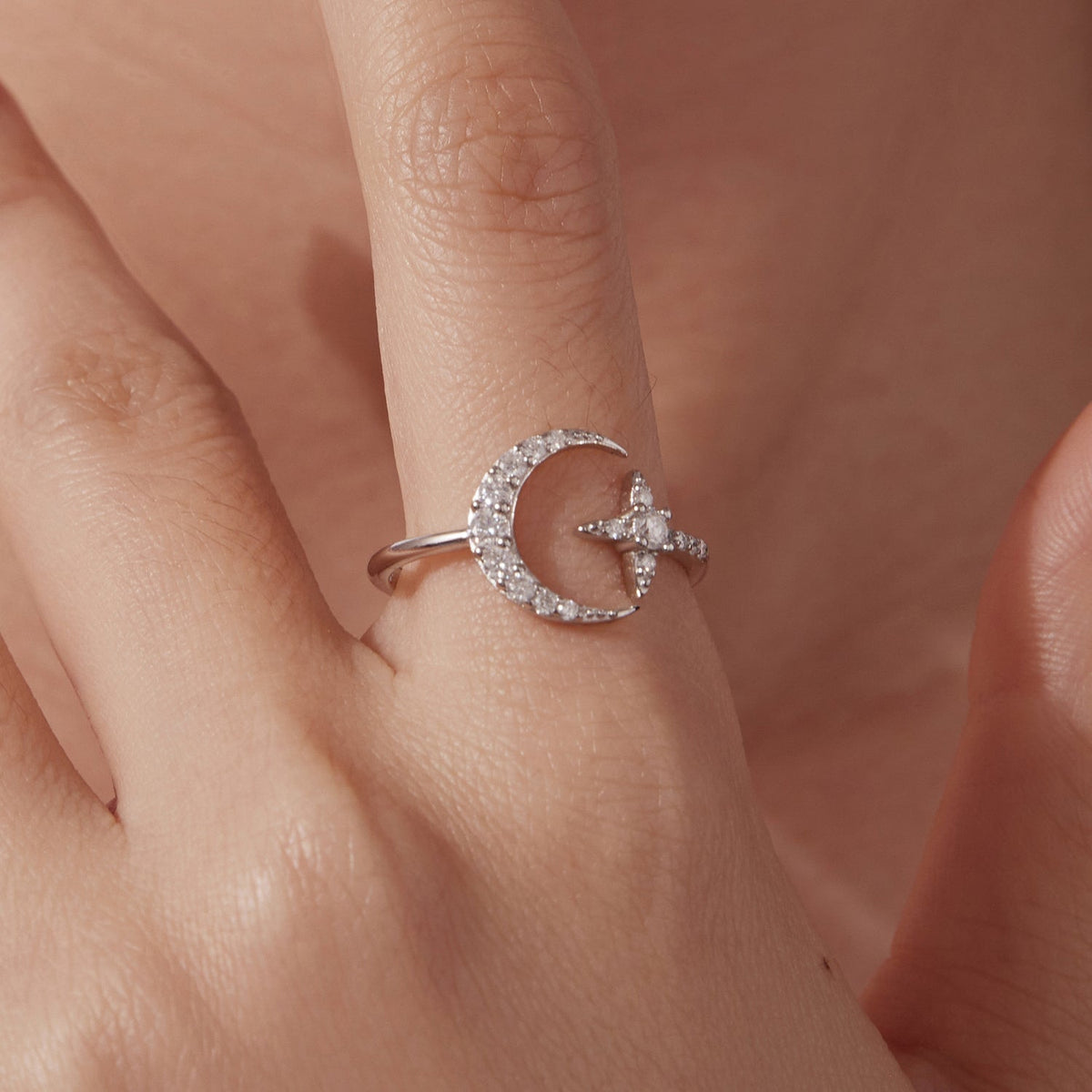 925 sterling silver moissanite crescent moon ring with star accent, white gold plated on Tampa Home & Garden Store