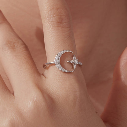 925 sterling silver moissanite crescent moon ring with star accent, white gold plated on Tampa Home & Garden Store