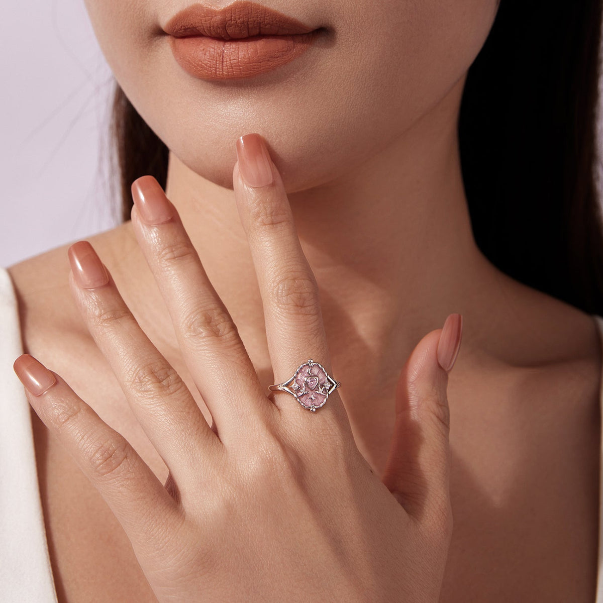 925 Sterling Silver Ring for Women with pink enamel flower CZ cluster on finger by Bids.com on Tampa Home & Garden Store