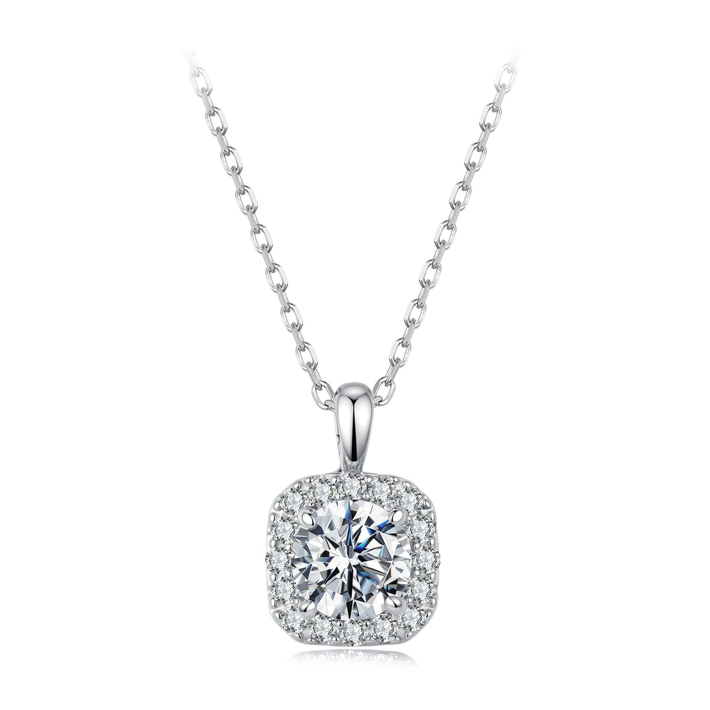 925 Sterling Silver Moissanite cushion halo pendant necklace white gold plated 40+5cm on Tampa Home & Garden Store
