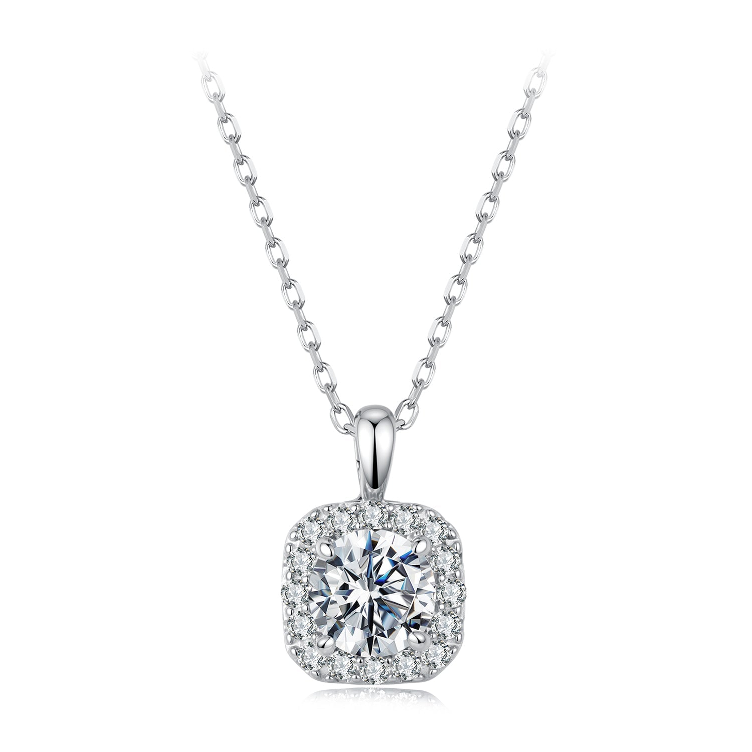 925 Sterling Silver Moissanite cushion halo pendant necklace white gold plated 40+5cm on Tampa Home & Garden Store