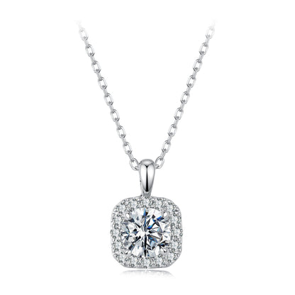 925 Sterling Silver Moissanite cushion halo pendant necklace white gold plated 40+5cm on Tampa Home & Garden Store