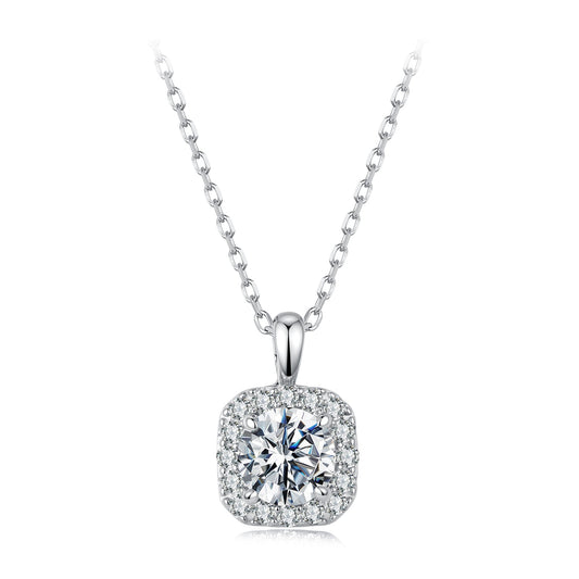 925 Sterling Silver Moissanite cushion halo pendant necklace white gold plated 40+5cm on Tampa Home & Garden Store