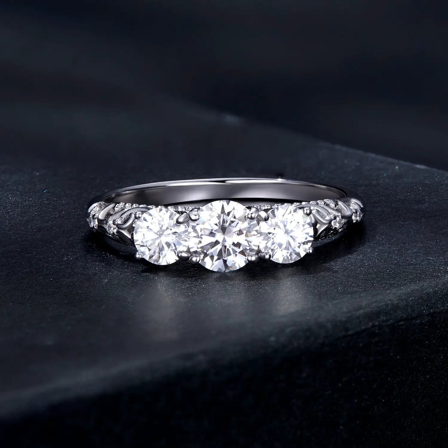 Three-stone moissanite pave ring in 925 sterling silver, size 6 for women by Bids.com on Tampa Home & Garden Store