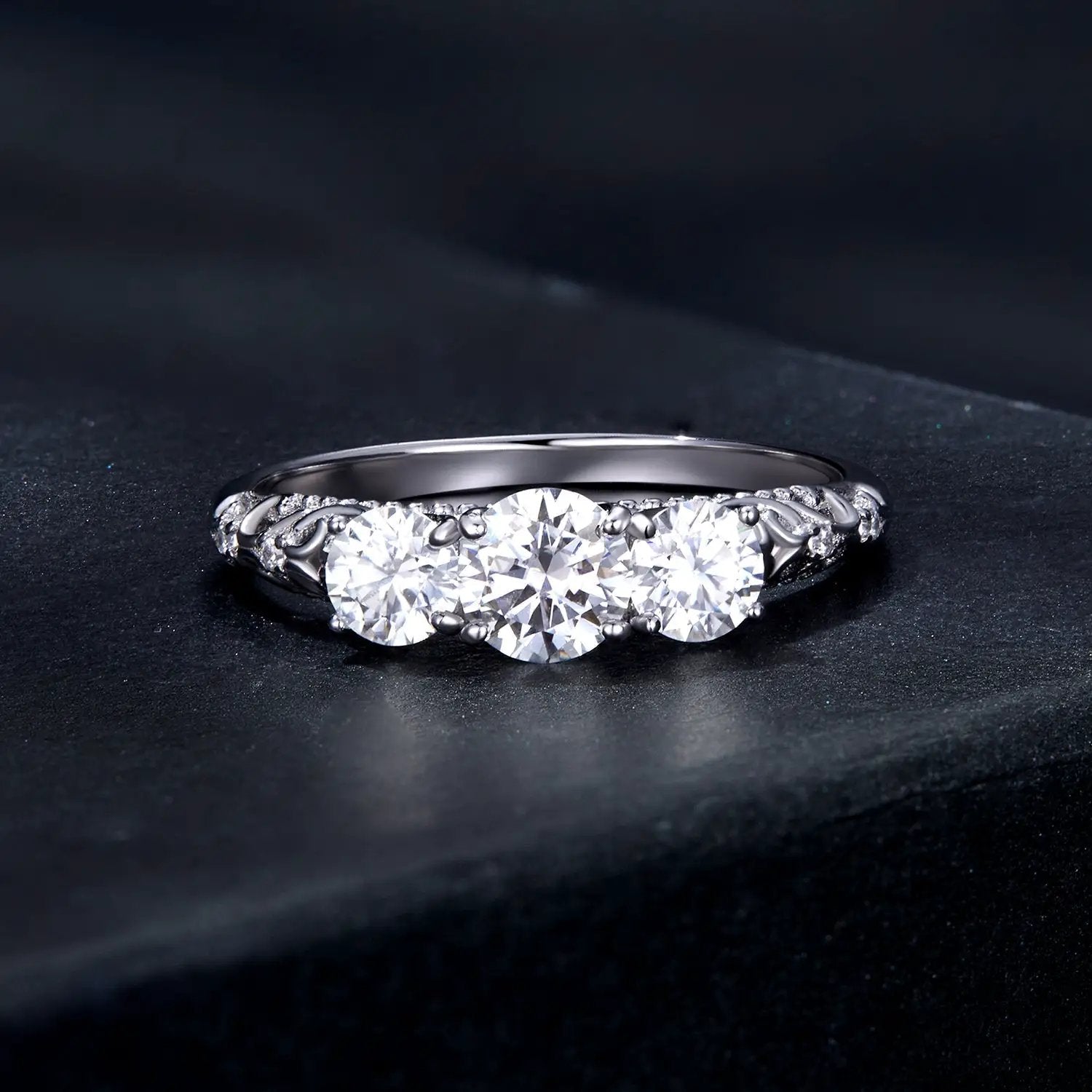 Three-stone moissanite pave ring in 925 sterling silver, size 6 for women by Bids.com on Tampa Home & Garden Store